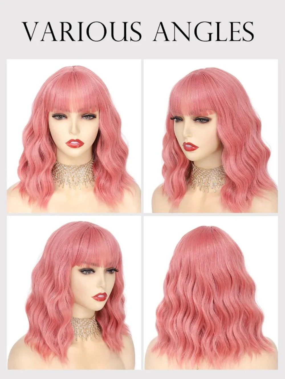 Women's Pink 14 Inch Short Shoulder Length Synthetic Bangs Wavy Bob Wig
